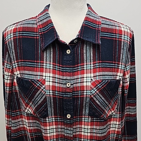 Natural Reflections Women's Button Front Flannel Shirt Navy Green Red Size XL - Picture 2 of 8